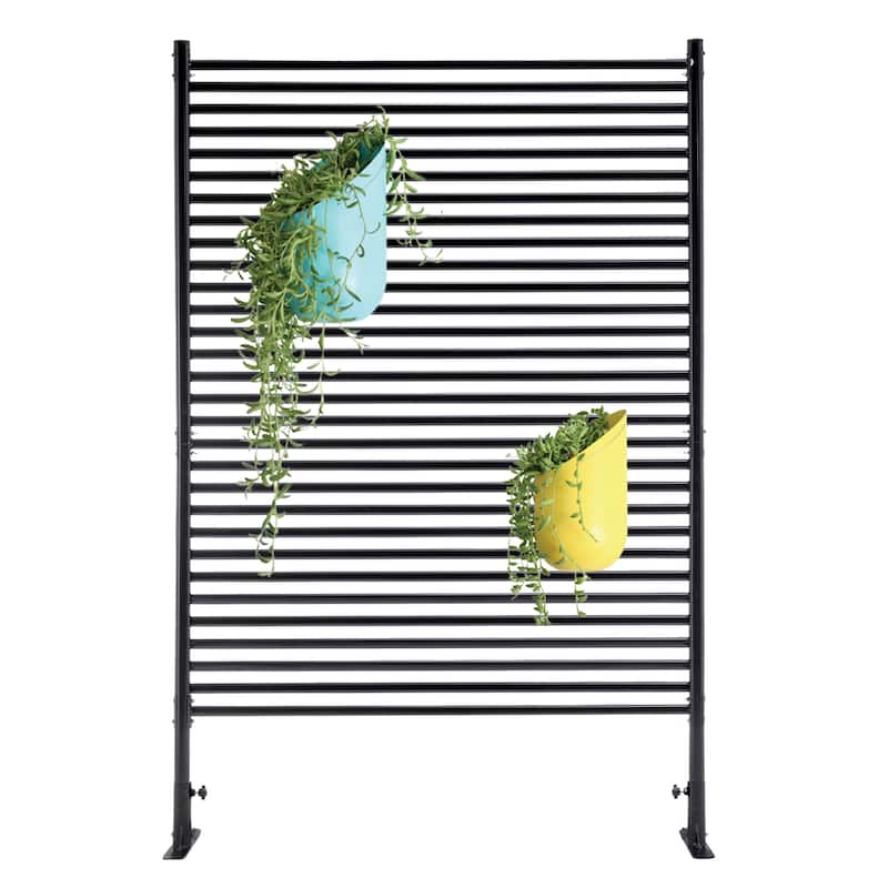 71"x46" Freestanding Outdoor Privacy Screen - Metal Slatted Fence Panel with Stand, Black - 44.1"L x 15.75"W x 71.26"H