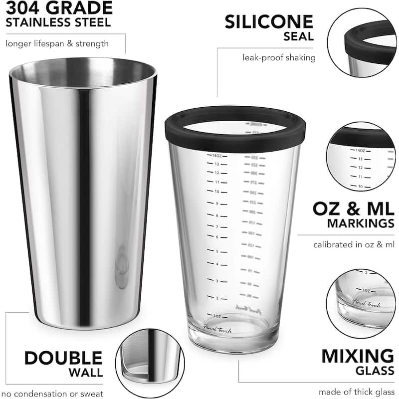 Final Touch Boston Shaker with Silicone Seal and Measurements - Glass - 15 oz - shaker - 27 oz