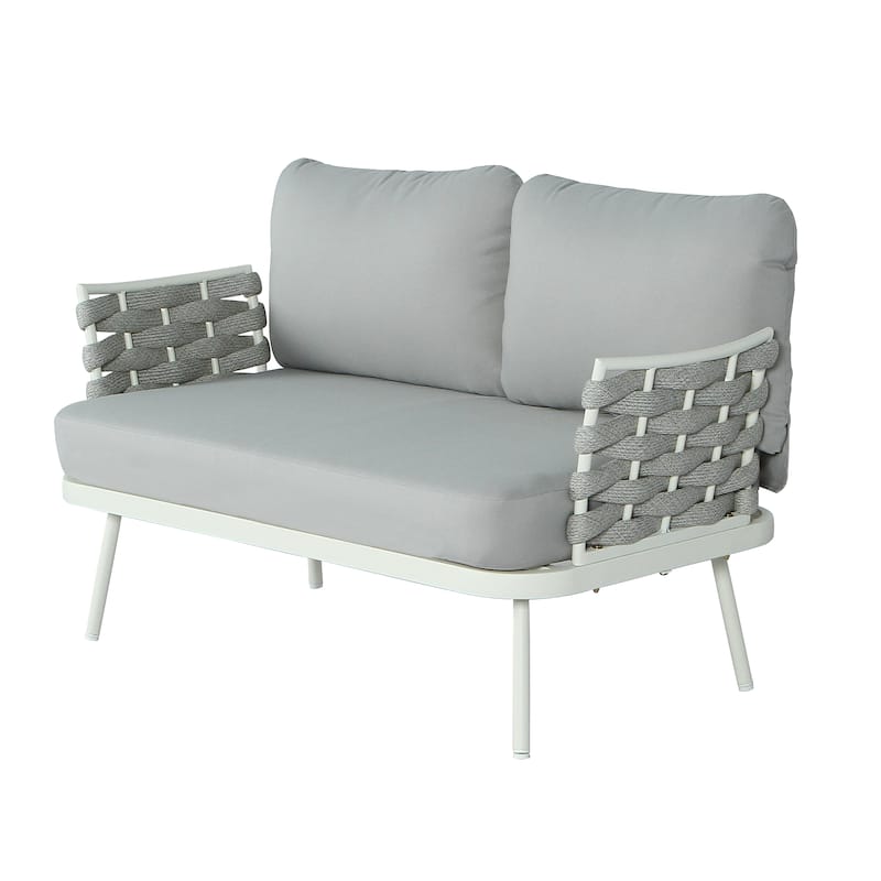 Roomfitters Steel Loveseat with Woven Rope Arms and Coffee Table
