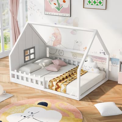 White Full Pine House Floor Bed with Window, Fence & Roof
