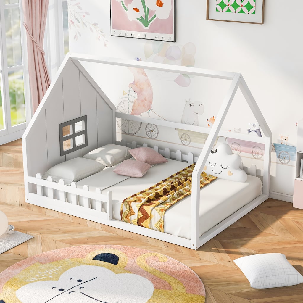 White Full Pine Wood House Floor Bed with Window, Fence & Roof