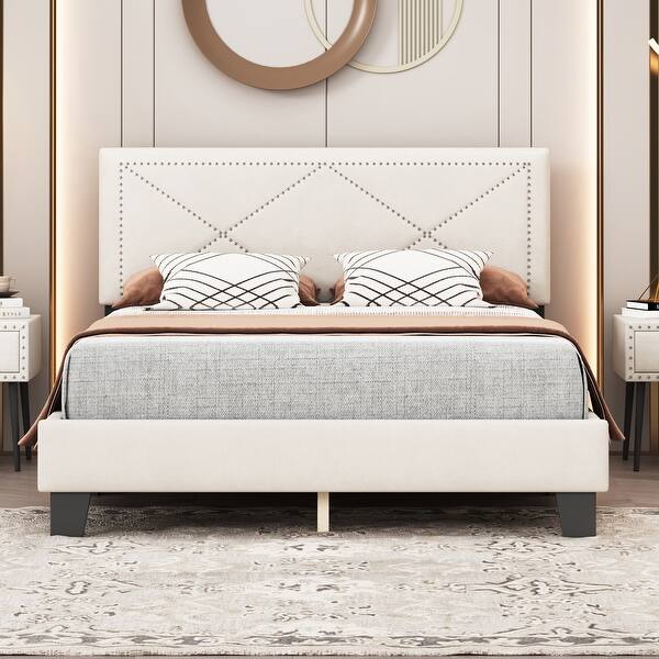 slide 2 of 12, Modern Velvet Simple Queen Size Upholstered Bed Frame with Rivet Design,Platform Bed Beige - Queen