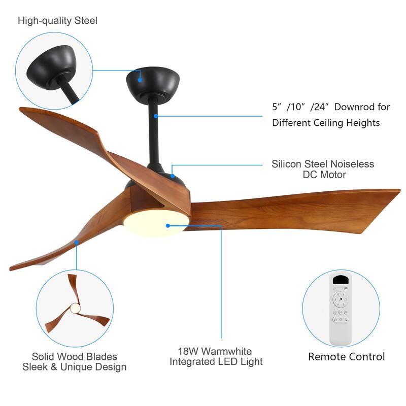 3 Solid Wood Blades Propeller Smart Ceiling Fan, 52 Inch Reversible Ceiling Fan with Dimmable 3 Color LED Light