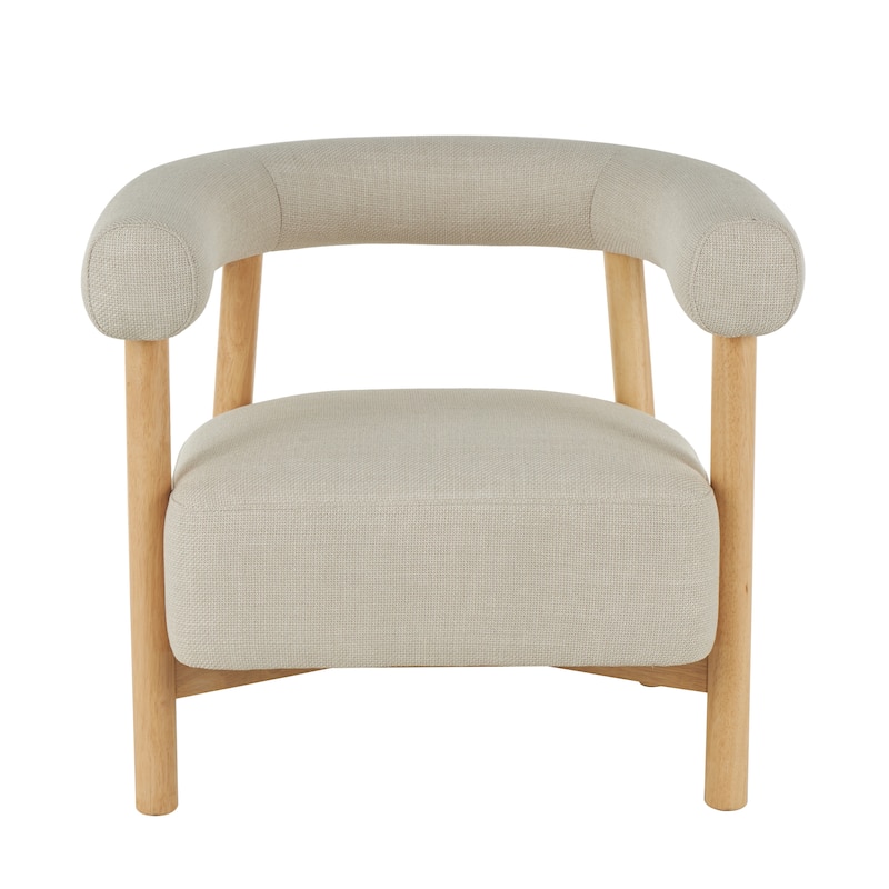 Polyester Curved Back Mid Century Modern Round Boucle Accent Chair with Light Brown Wood Frame - Beige - Roche River Decor