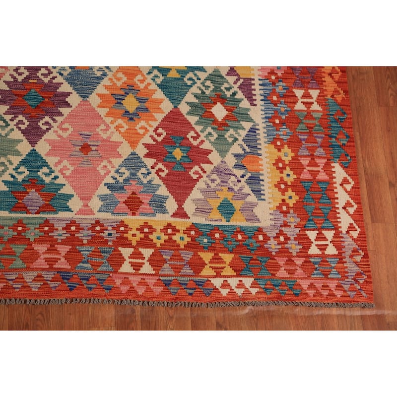All-Over Geometric Kilim Oriental Area Rug Flatweave Wool Carpet - 8'7"x 9'4"