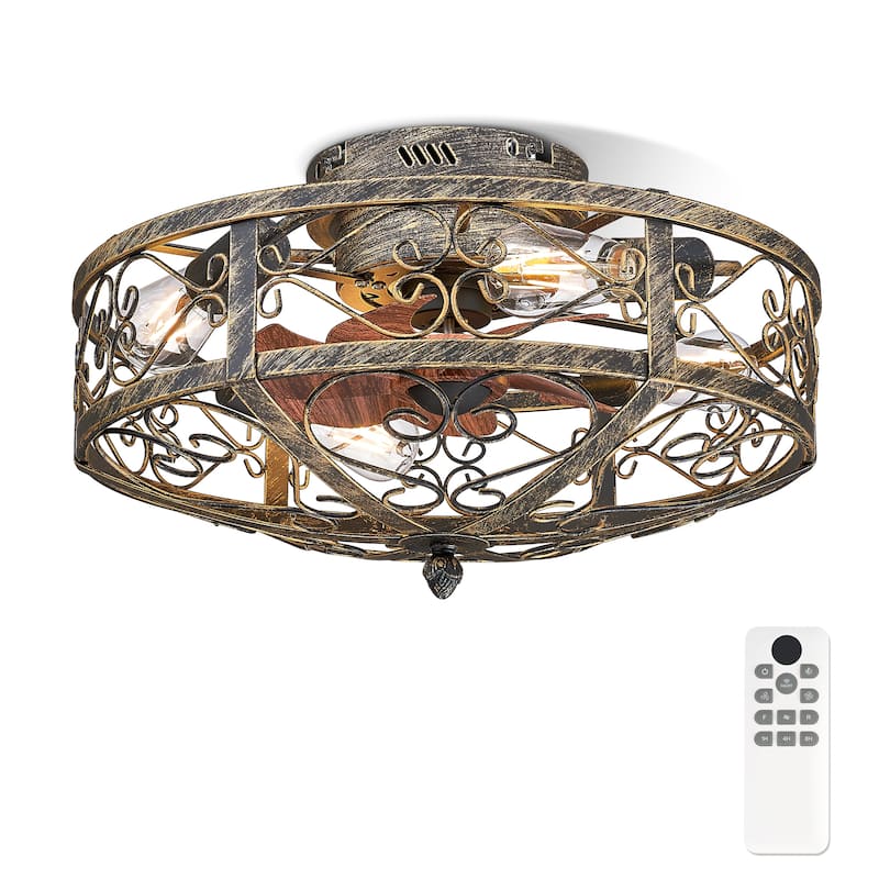 20 Inch Indoor White and Gold Low Profile Cage Ceiling Fan with Light - 20 Inches - Black