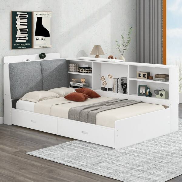 slide 2 of 18, Pine Storage Twin Size Platform Bed with Headboard, Shelves and 2 Drawers Modern White