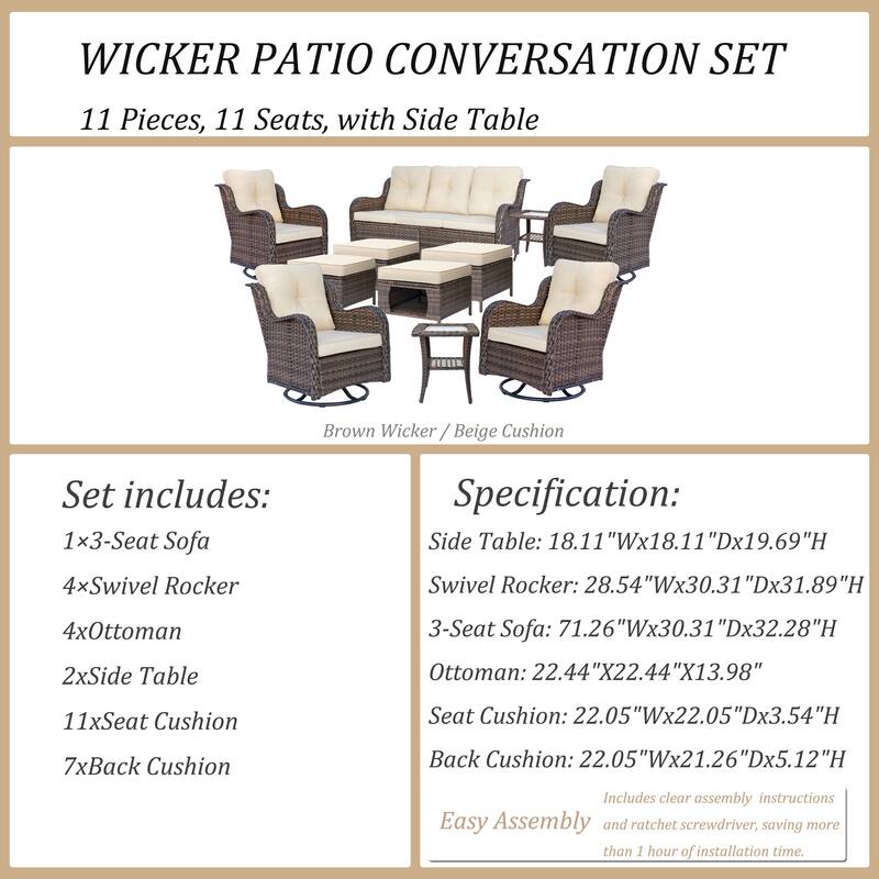12 Piece Outdoor Patio Conversation Wicker Furniture Swivel Chair Sets