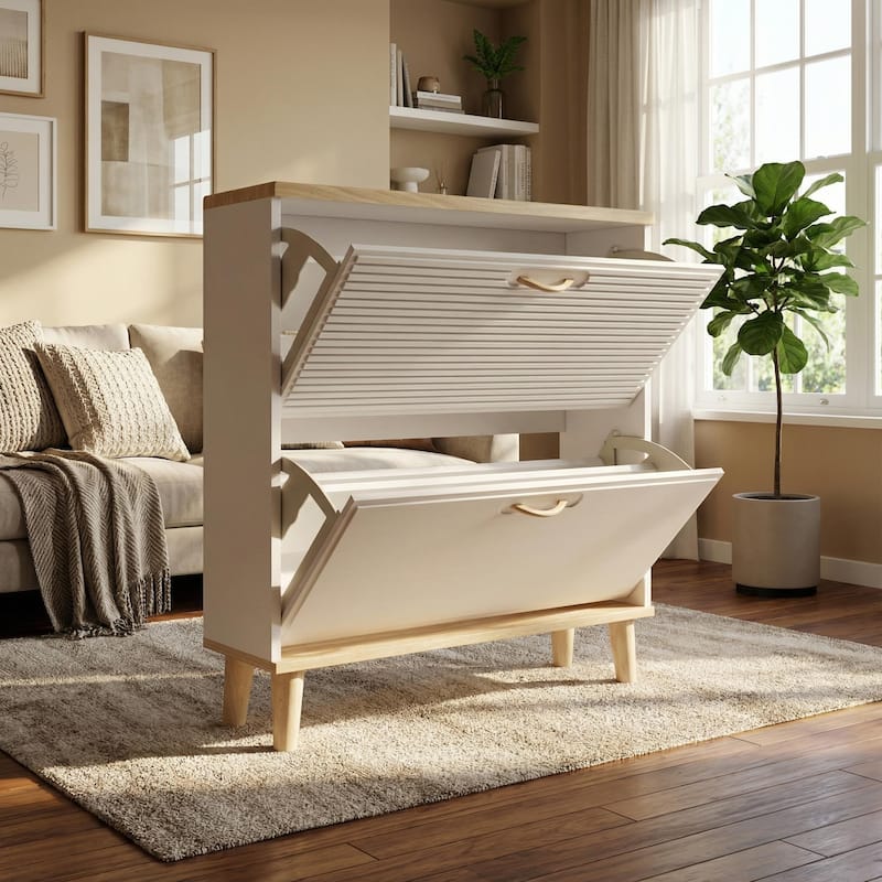 Homy Casa Compact Shoe Storage Bench 2 Flip Doors 2 Drawers, White - 2 Doors
