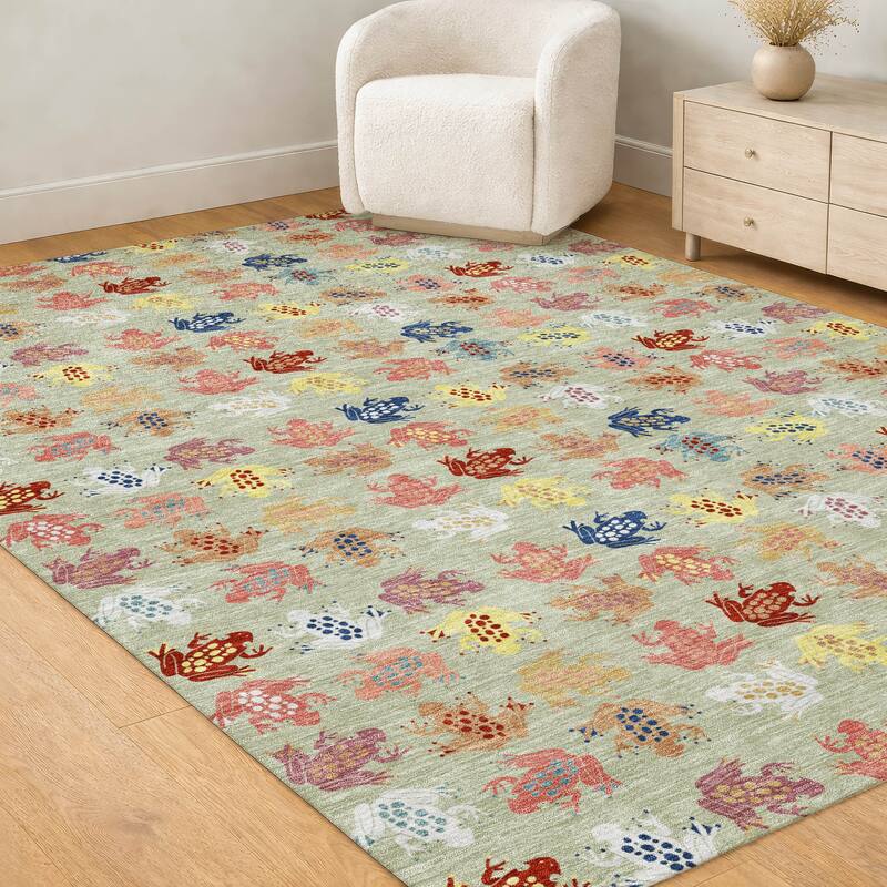 Machine Washable Indoor/ Outdoor Modern Frogs Chantille Rug