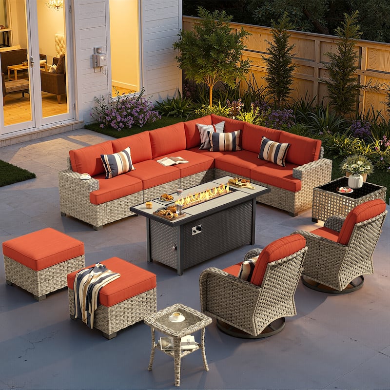 XIZZI 13-Piece Outdoor Wicker Sectional Swivel Chairs Set with Firepit Table - Red/Orange