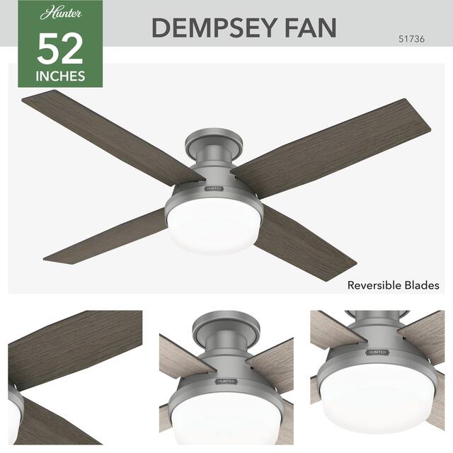 Hunter 52" Dempsey Flush Mount Ceiling Fan w/ LED Light Kit and Handheld Remote