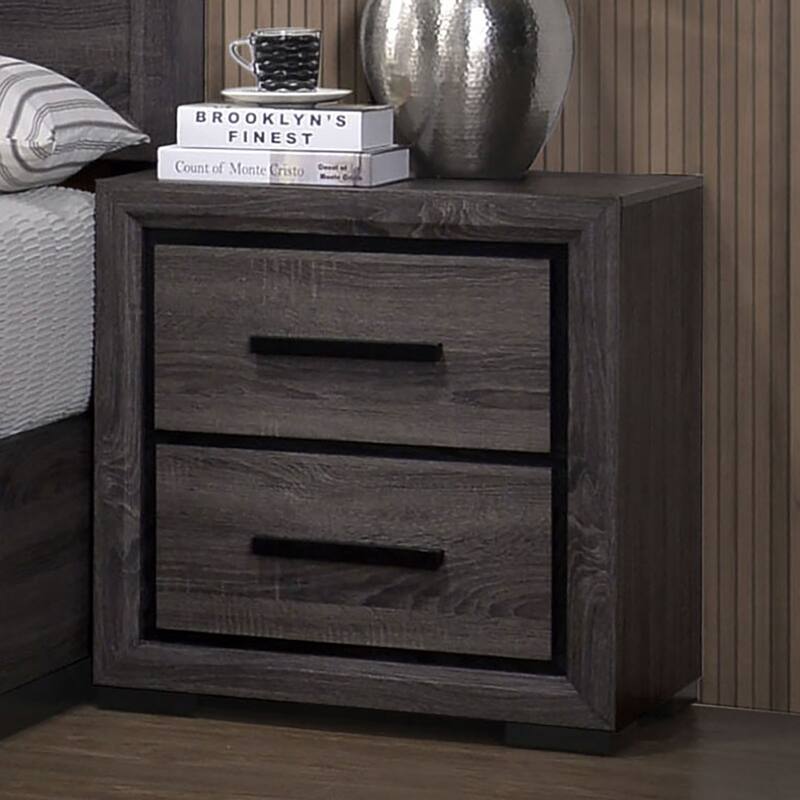 2-Drawer Gray Nightstand, Modern Bedroom Furniture with Two-Tone Design and Black Trim, Paper Veneer Bedside Table - Gray