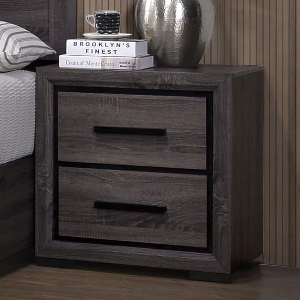 2-Drawer Gray Nightstand, Modern Bedroom Furniture with Two-Tone Design and Black Trim, Paper Veneer Bedside Table