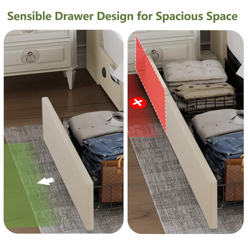 VECELO Modern LED Upholstered Platform Bed Frame with 2 Storage Drawers, USB & Type-C Ports, Full/Queen Size Bed