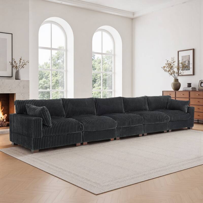 Plush Corduroy Upholstered Modular Sectional Sofa with Pillows - Symmetrical - Grey-5 Pieces
