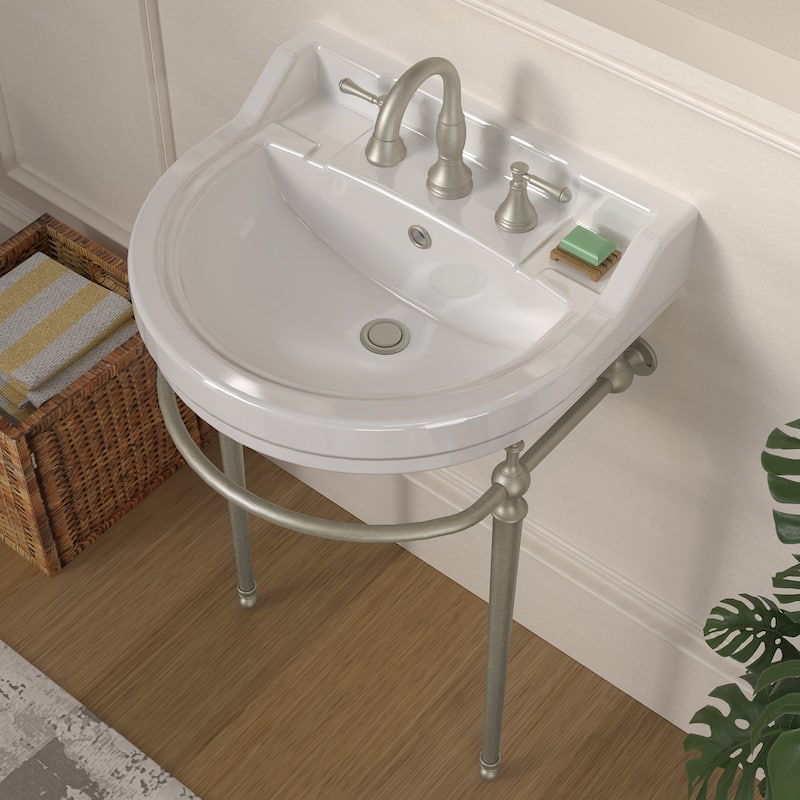 Whitehaus Console Sink With Semi-Circular Bowl, Metal Leg Supports and Front Towel Bar.