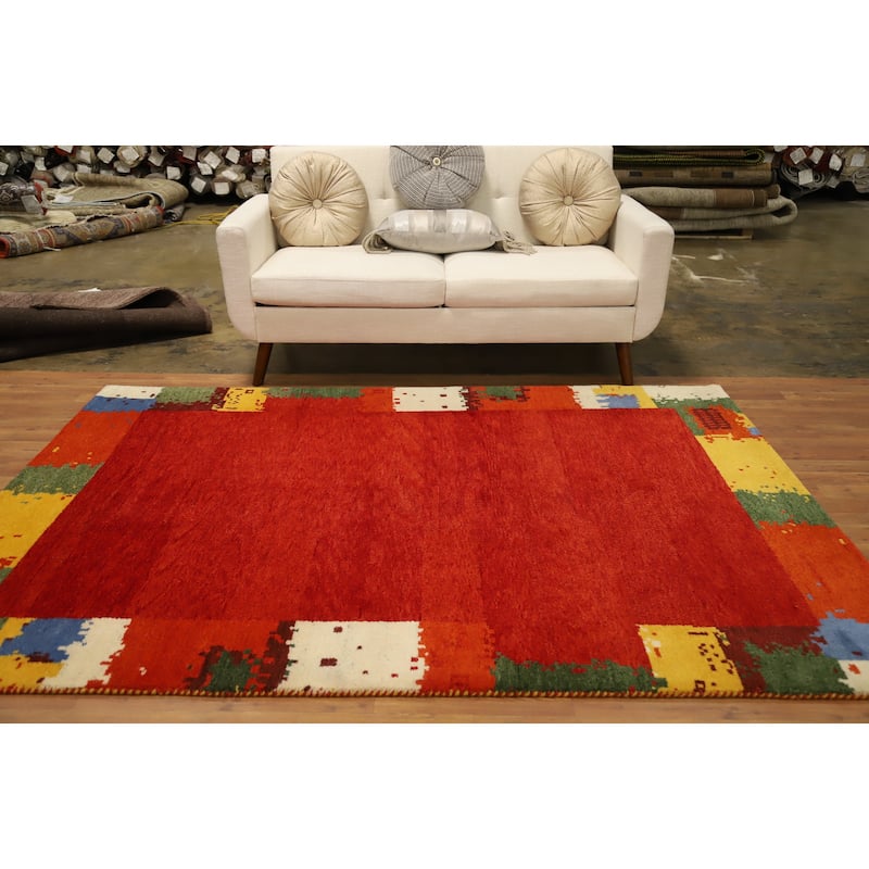 Hand Knotted Oriental 100% Wool Carpet Modern Bordered Oranges & Rust Gabbeh Area Rug - 7' 9'' X 5' 7''