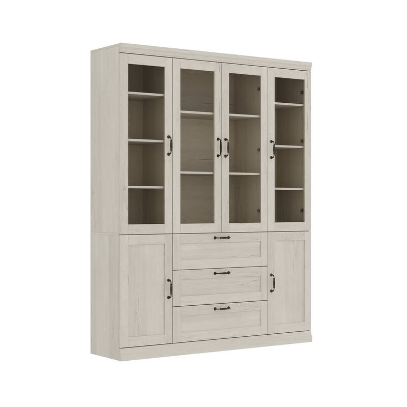 Bookcase Cabinet with Glass Doors and Drawers Multi-Purpose Storage Display Hutch for Living Room or Dining Room