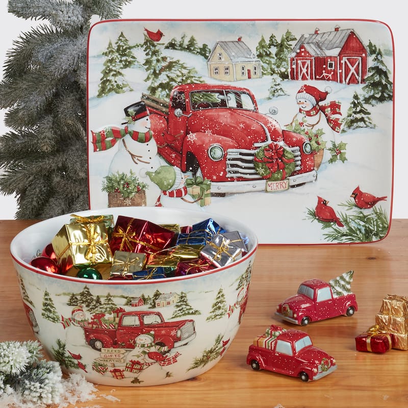 Certified International Red Truck Snowman 10.25" Dinner Plates, Set of 4
