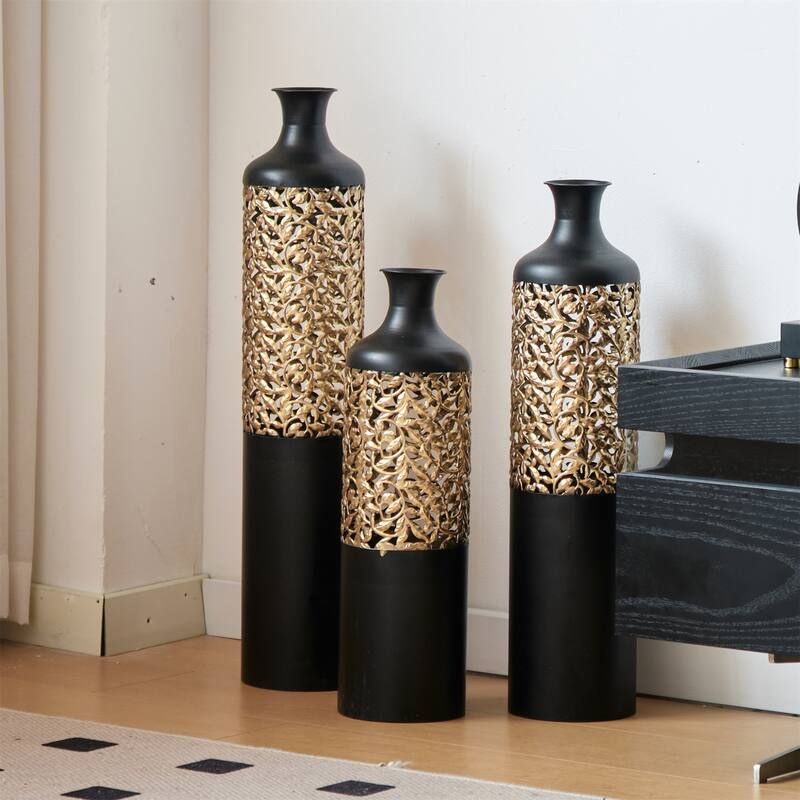 Decorated Floor Glazed Metal Vases (Set of 3)