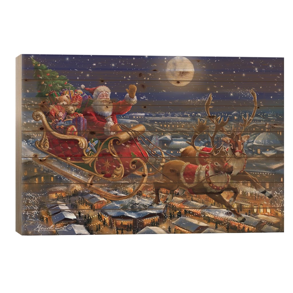 Santa Sleigh And Reindeer In Sky Print On Wood by Marcello Corti - Multi-Color