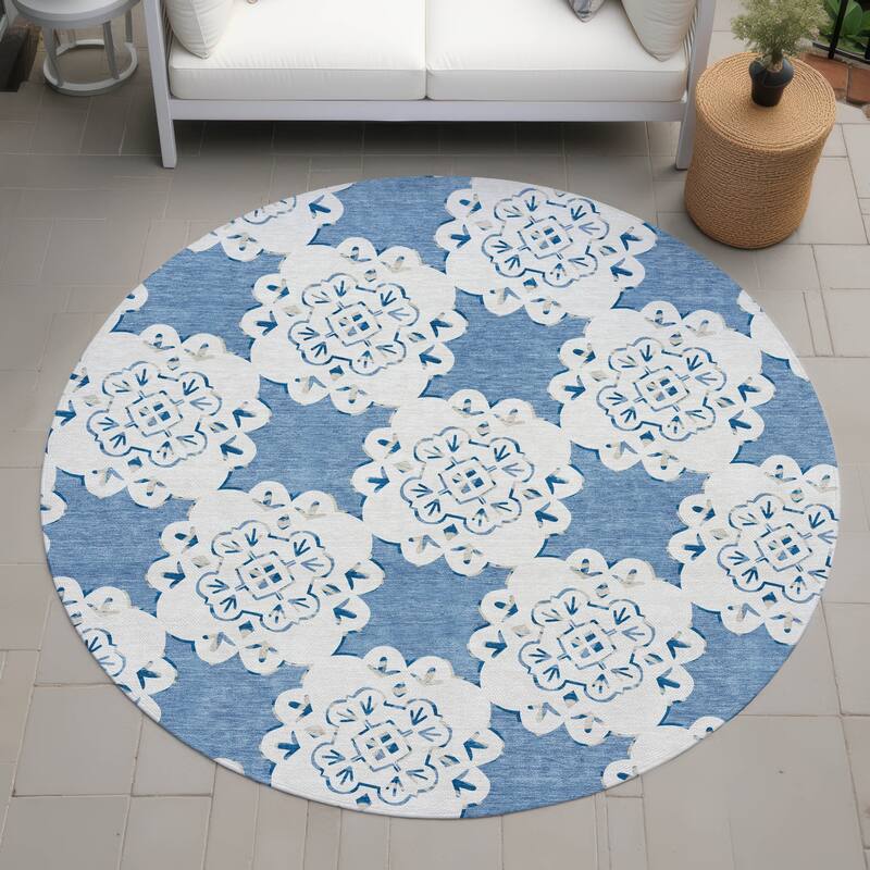 Machine Washable Indoor/ Outdoor Global Motif Chantille Rug - Blue - 8' x 8'