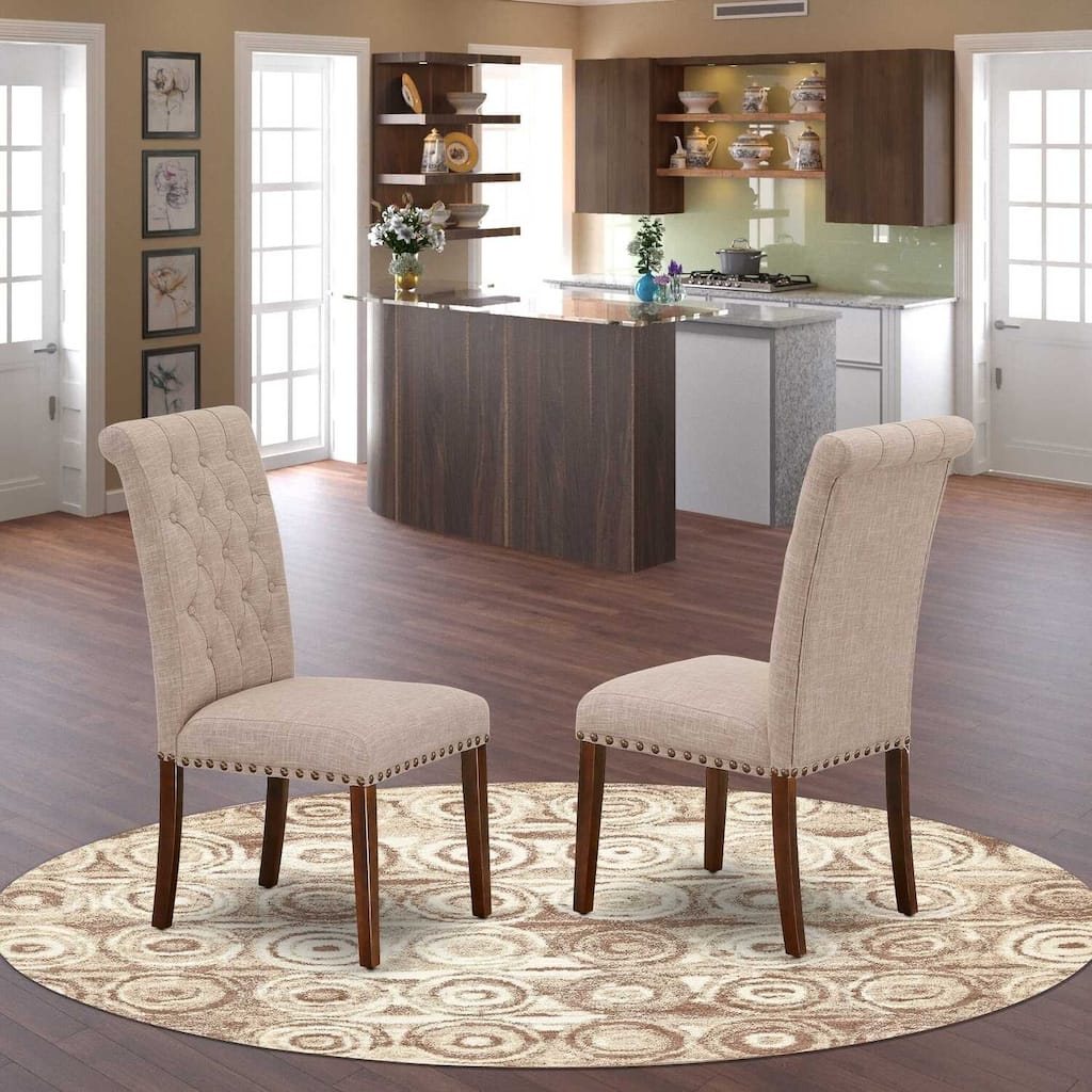 Parsons Dining Chairs Set of 2 with Linen Fabric Upholstery, Nailhead Trim, Mahogany Finish - 19