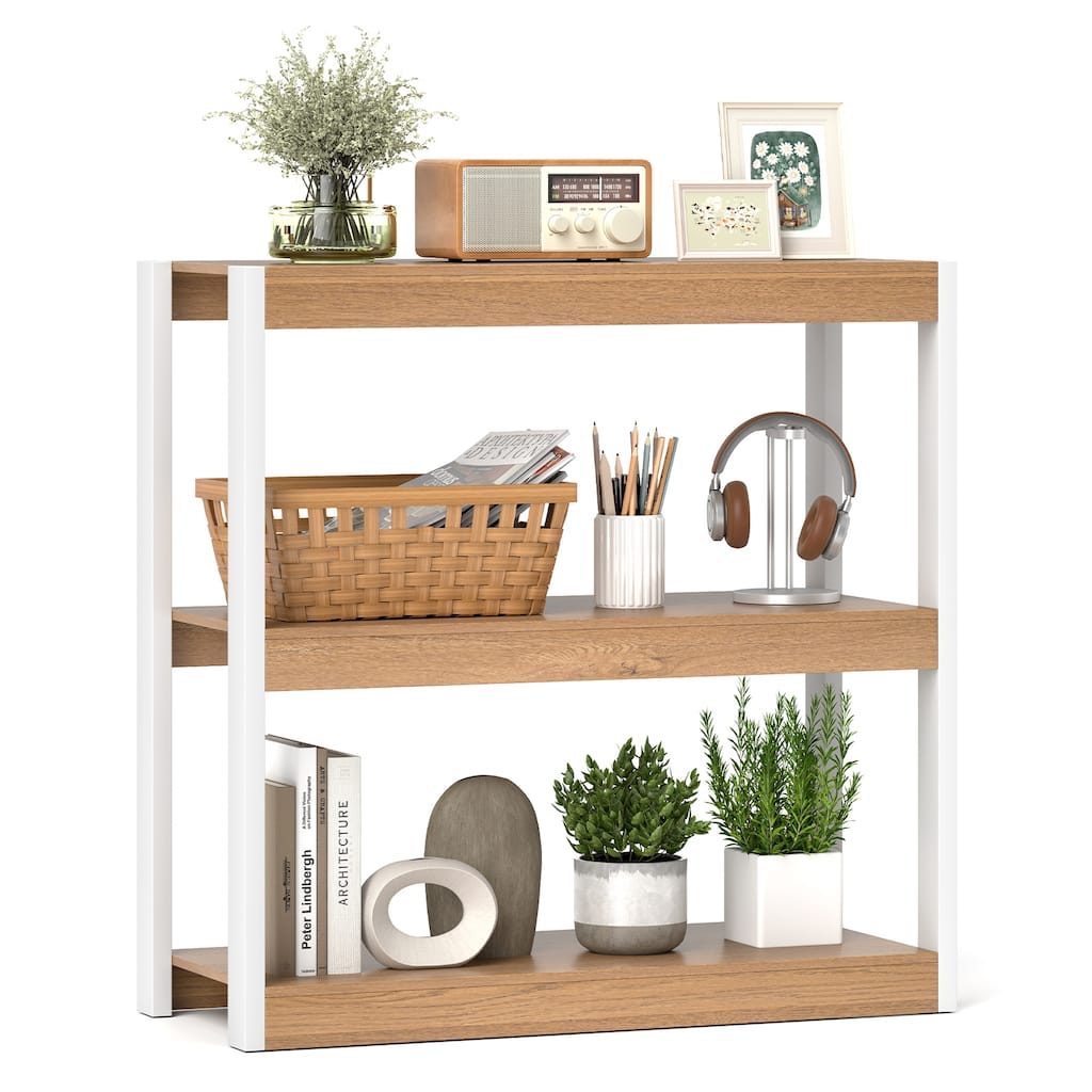 Gymax 3 Tier Bookshelf Wooden Bookcase w/ Dual Anti-Tipping Kits Open