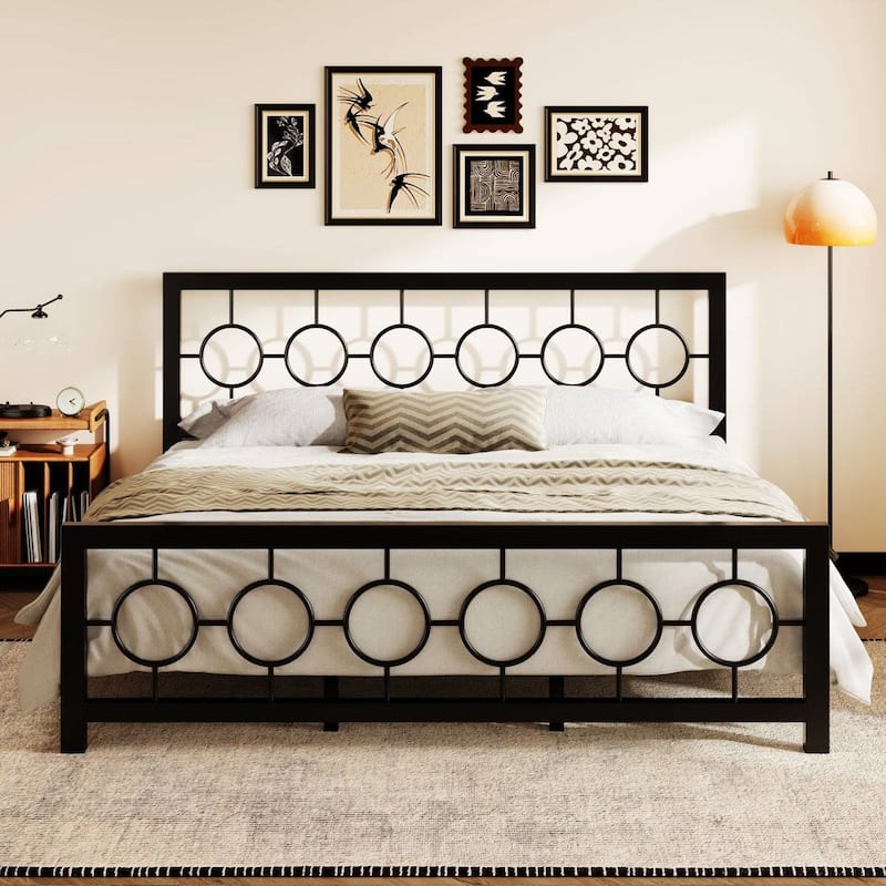Art Deco Metal Platform Bed Frame with Openwork Headboard and Footboard Modern Iron Slat Support