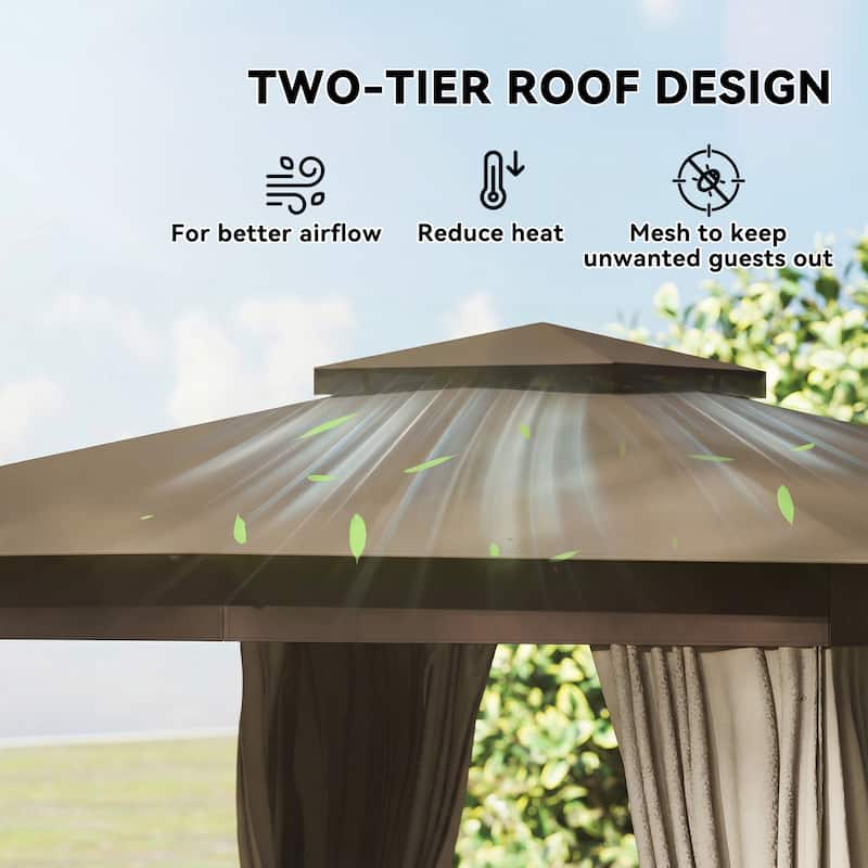 Outsunny 10' x 10' Outdoor Patio Gazebo, Soft Top Gazebo Canopy Shelter with Double Roof, Curtains, Netting, Steel Frame