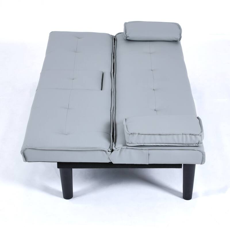 Convertible Loveseat Couch Adjustable Faux Leather Sleeper Sofa Bed with Coffee Table, Cup Holders and Removable Pillow Armrests