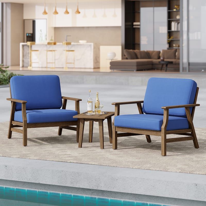 Jamie 2 Set 31" W Outdoor Acacia Wood Club Chairs with Cushions - Brown Wood - Blue