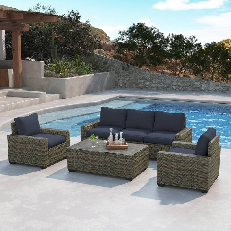 6 Pieces Patio Rattan Conversation Furniture Set with Coffee Table