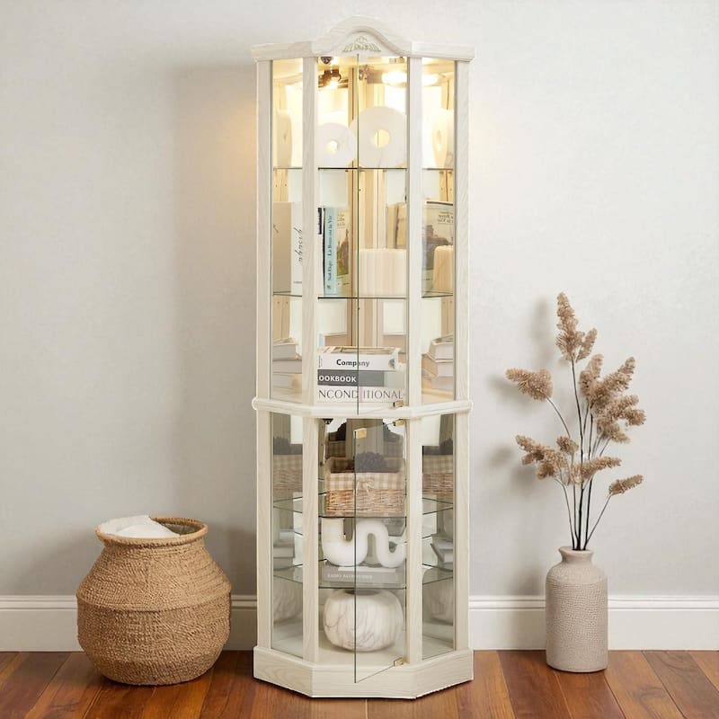 Lighted Corner Curio Cabinet with Glass Doors, Adjustable Shelves & Carved Cherry Decor, Elegant Display Cabinet for Home