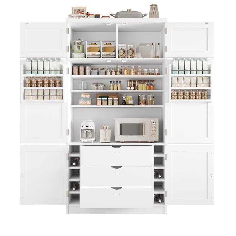 Roomfitters 80 Inch Extra Tall Kitchen Pantry Cabinet with Power Outlets and Wine Rack, Shaker Style