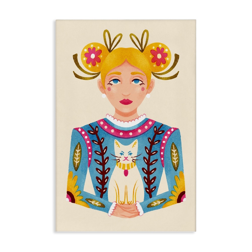 Stupell Blonde Folk Girl with Cat Canvas Wall Art Design By Hannah Moren