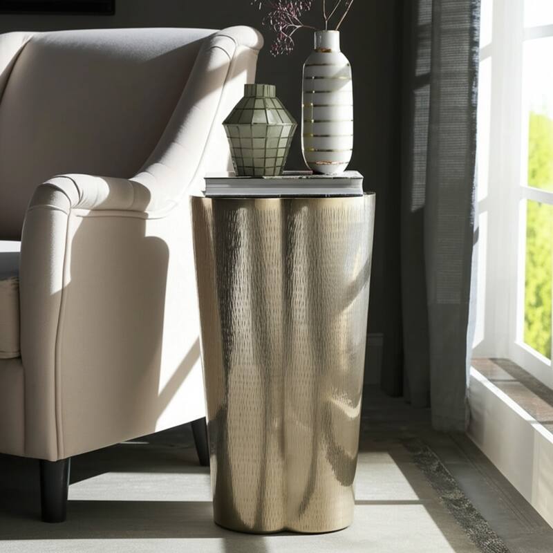 Metal Side Table with Modern Textured Base Elegant Narrow Home Decor