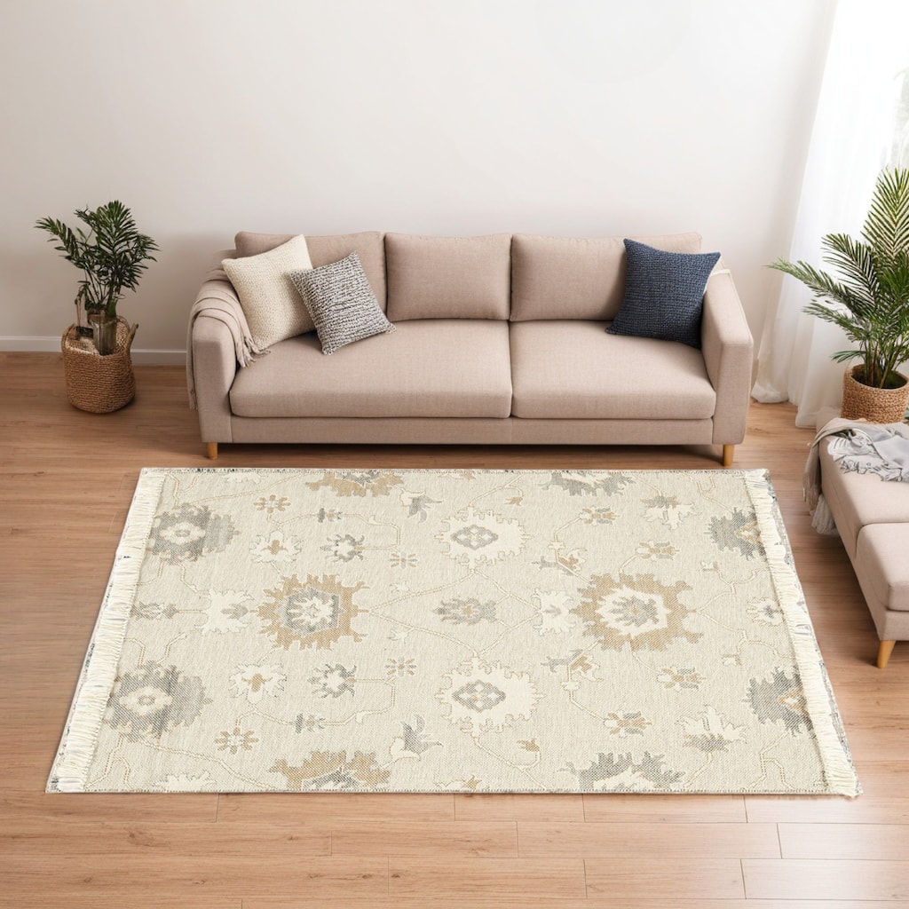 Kia 5 x 7 Medium Area Rug, Handwoven Floral Patterns, Beige Brown Wool - 5 x 7