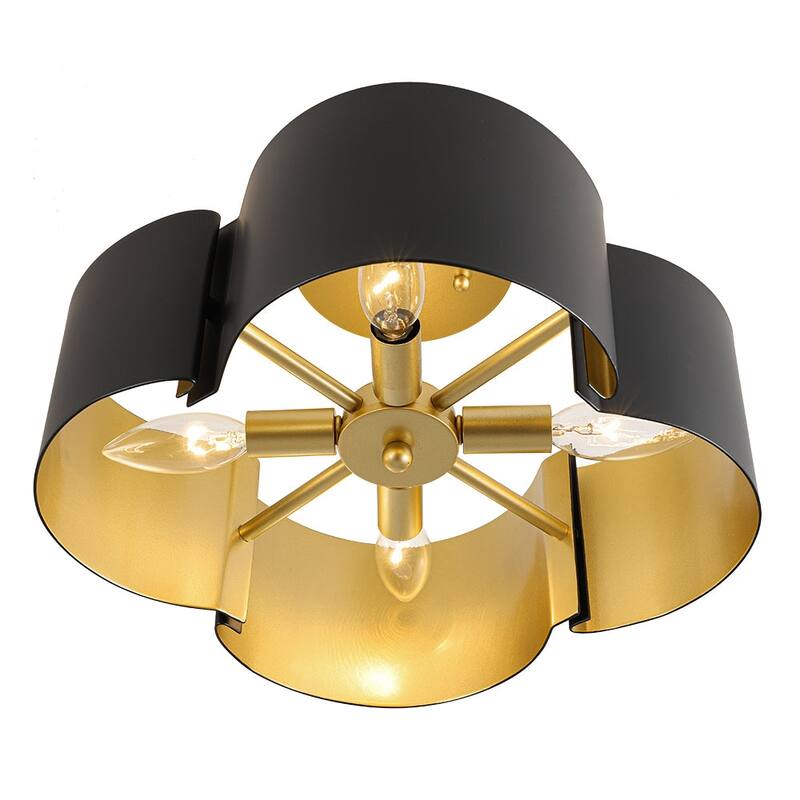 Art Deco 4-Light Black Gold Iron Flower Cage Semi Flush Mount - 14.2 inches