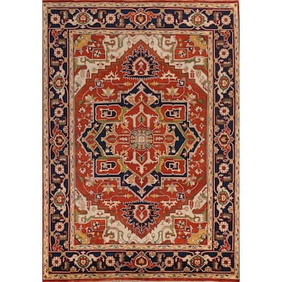 Orange Geometric Heriz Serapi Indian Area Rug Handmade Wool Carpet - 9'1" x 11'8"