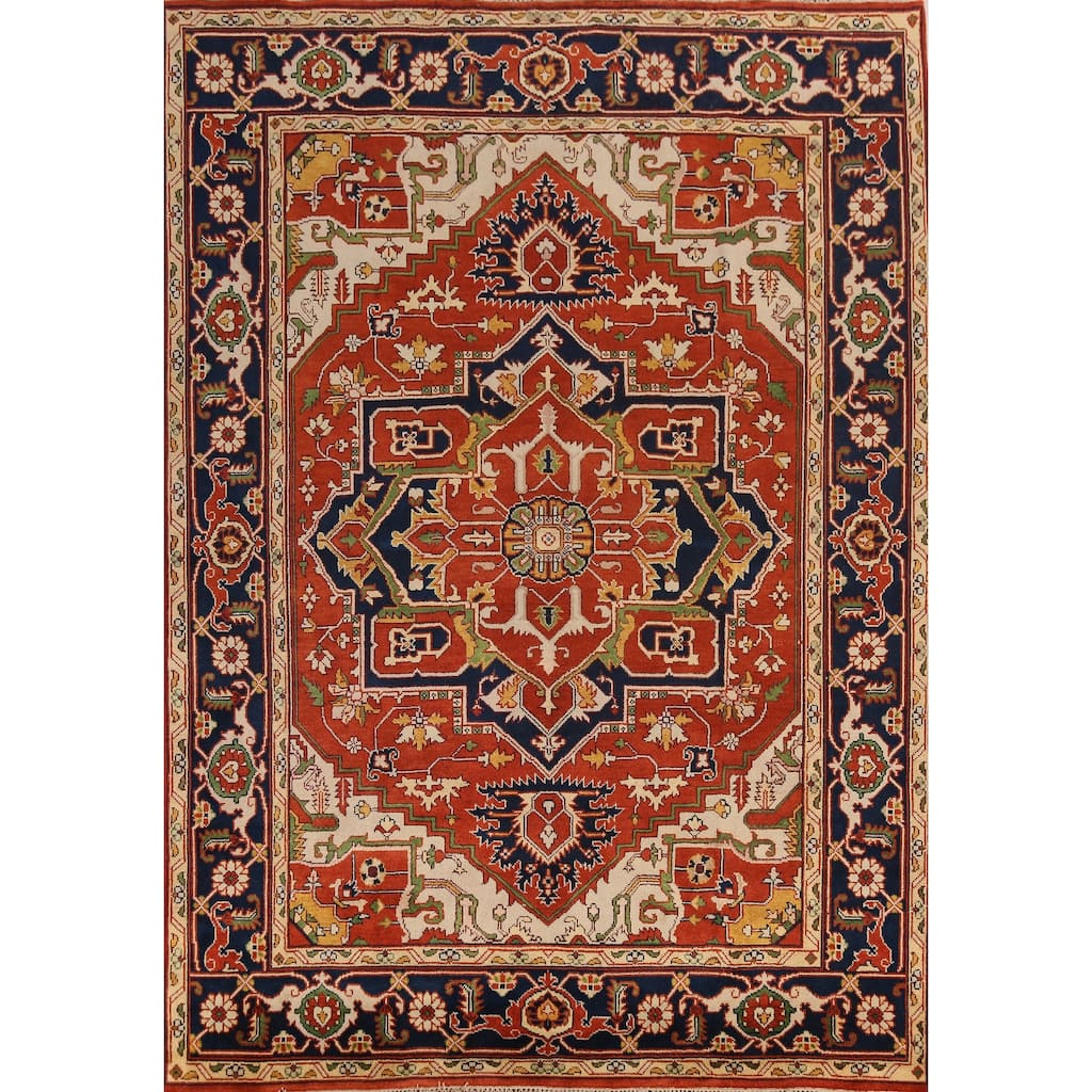 Orange Geometric Heriz Serapi Indian Area Rug Handmade Wool Carpet - 9'1" x 11'8"