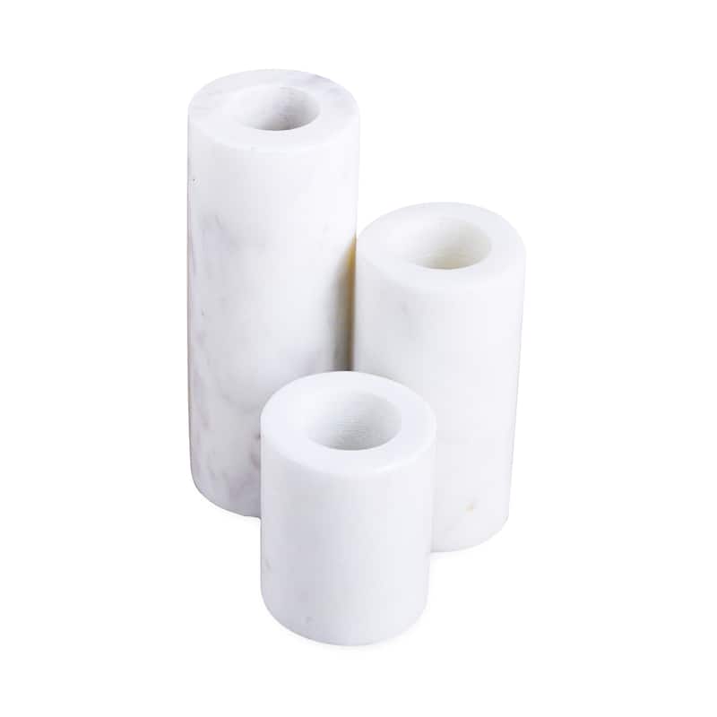 Set of 3 Marble Cylinder Pillar Taper Holders LP - WHITE