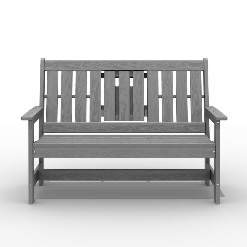 HDPE 2 Person Patio Bench with foldable Cup Holder and Functional Center Panel - Grey