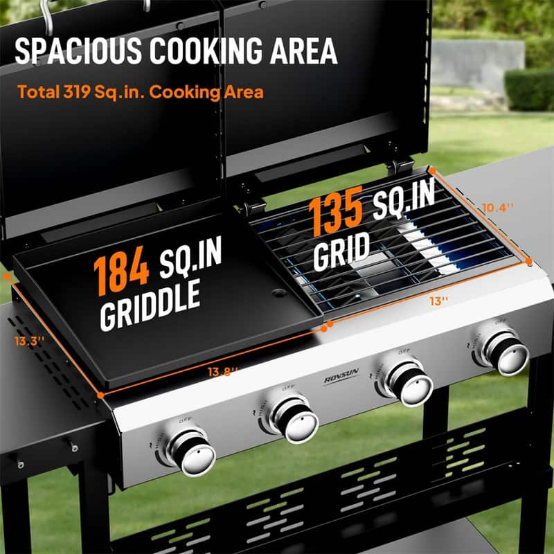 4 Burner 2-in-1 Propane Grill and Griddle Combo Standing with Lid