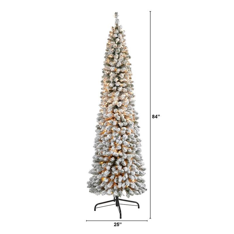 7’ Pre-Lit Pencil Slim Flocked Artificial Christmas Tree, Warm Clear LED Lights - 7 Foot