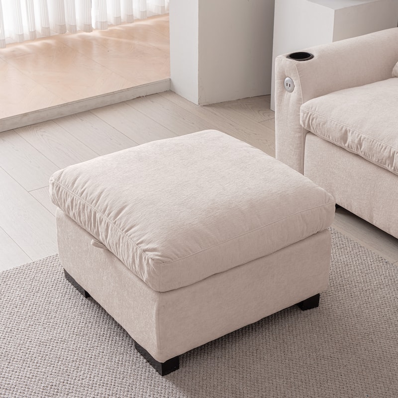 114.5" Modern Modular L Shaped Chenille Sofa with Reversible Ottoman, Storage, USB Ports & Cup Holder, Beige