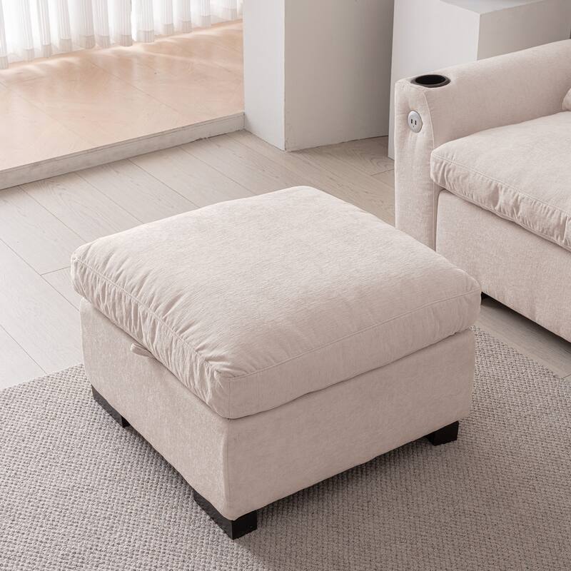 Elegant Chenille Modular Sofa with Reversible Ottoman, USB Ports & Cup Holder, Beige