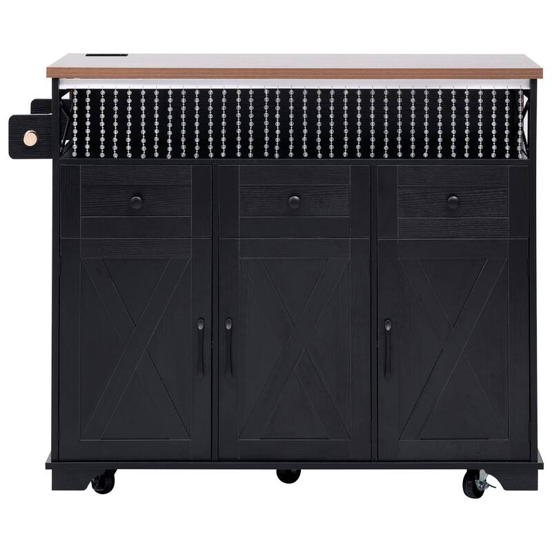 Farmhouse Kitchen Island with Drop Leaf, 3 Drawers and Internal Iron Shelf, Rolling Storage Cabinet w/Drape Beads & Power Outlet
