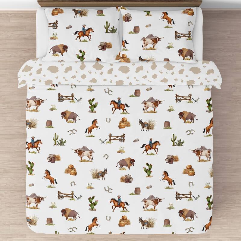 Sweet Jojo Designs Western Cowboy Boy 3-piece Full/Queen Comforter Set Wild West Cow Southern Country South Horse Farm Animal
